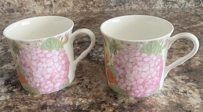 STECHCOL ORANGE FLOWER & HYDRANGEA ON MINT Bone China Cylinder Mug Set Of 2 Hydrangea