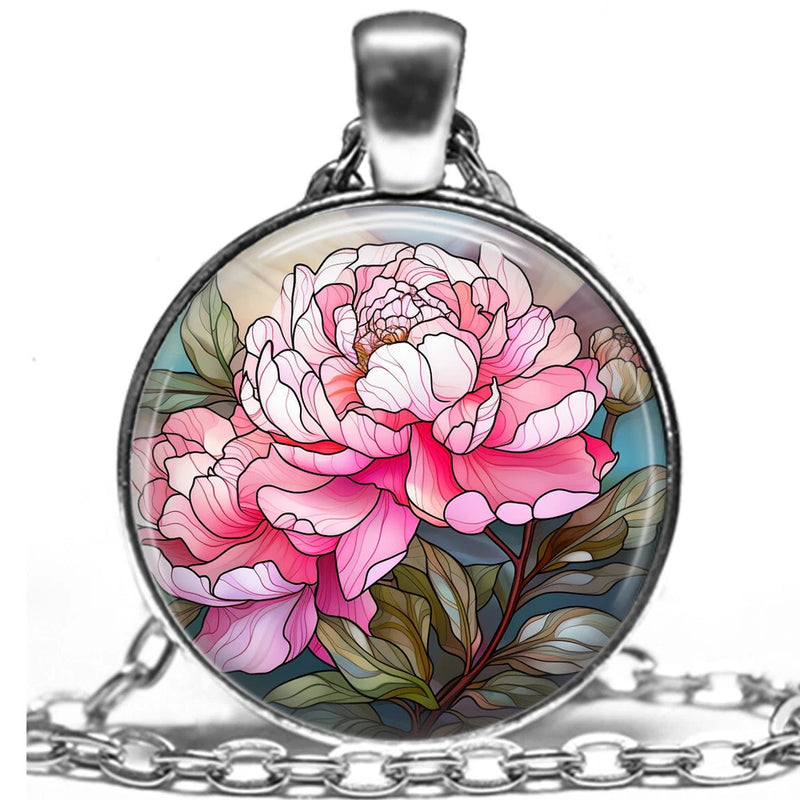 Peony flower pendant necklace with round stained-glass style cabochon and silver chain