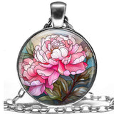 Soft Pink Peony Flower Bloom Gift Necklace 24" Faux Stained Glass Art Print Peony