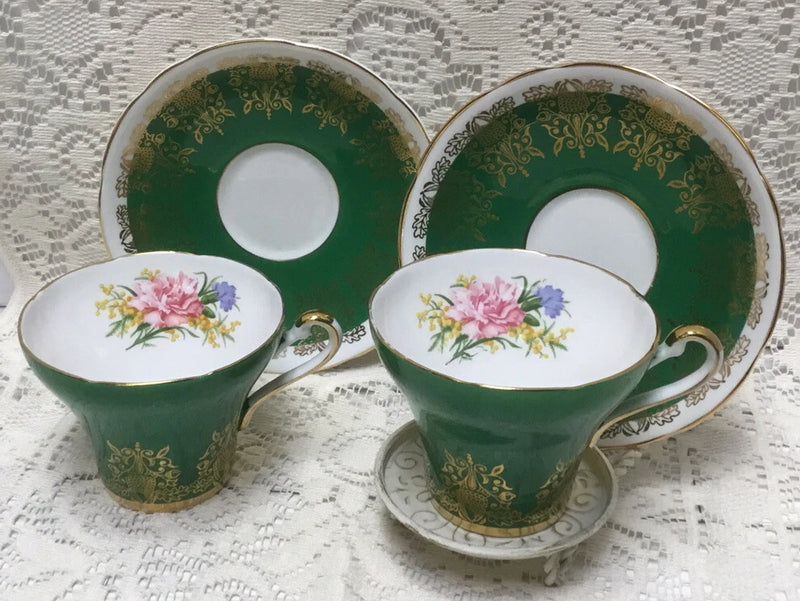 Vintage tea cup and saucer set, green with pink carnation floral design, gold trim
