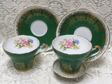 2 Vintage Royal Stafford Tea Cup & Saucer Sets Green with Pink Carnations PRETTY Carnation