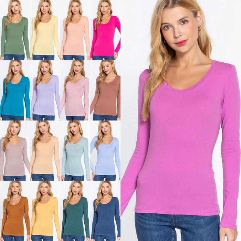 Women's long-sleeve round-neck stretch cotton T-shirt, pink
