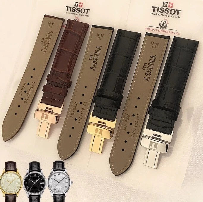 Genuine leather watch strap set, brown and black, croc texture, metal buckle