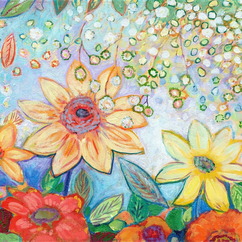Colorful sunflower and tropical floral art print poster, 14 x 11 in.