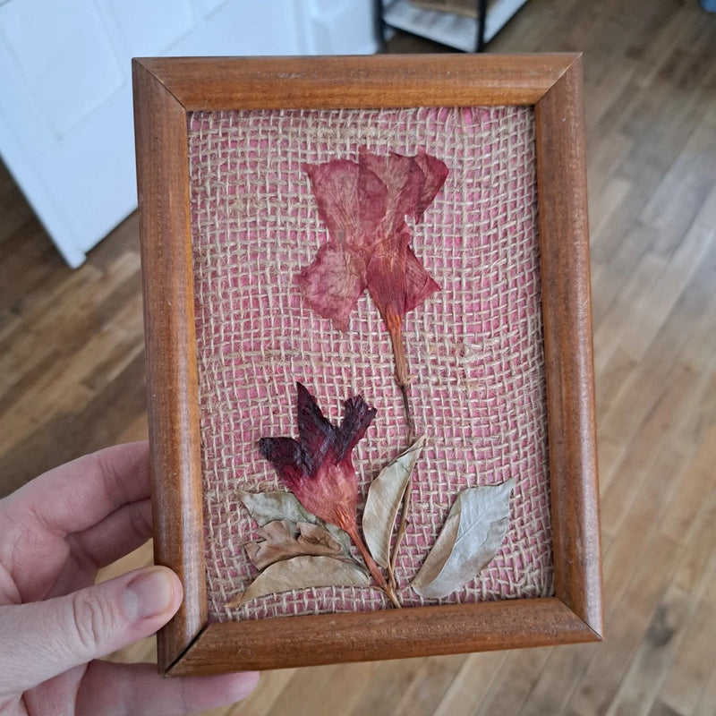 Handmade 6x8.5" Dried Pressed Flowers Pink Floral Picture Vintage Wall Decor 70s Dried Flower