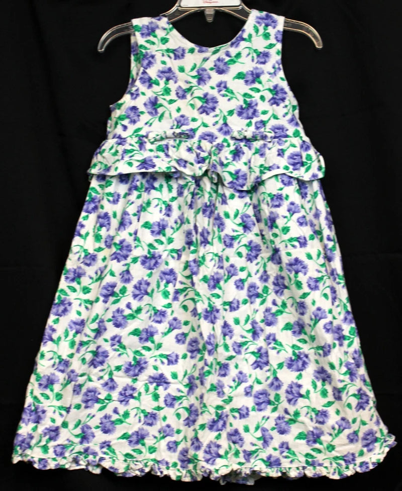 Floral sleeveless dress with ruffled bodice and skirt, purple and green