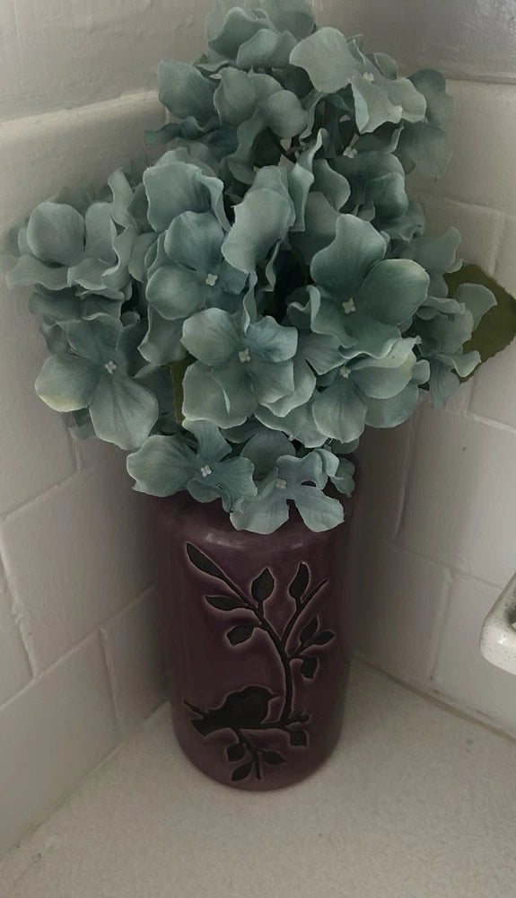 Purple Ceramic Vase Floral/Bird Pattern Blue Artifical Hydrangeas Home Decor Hydrangea