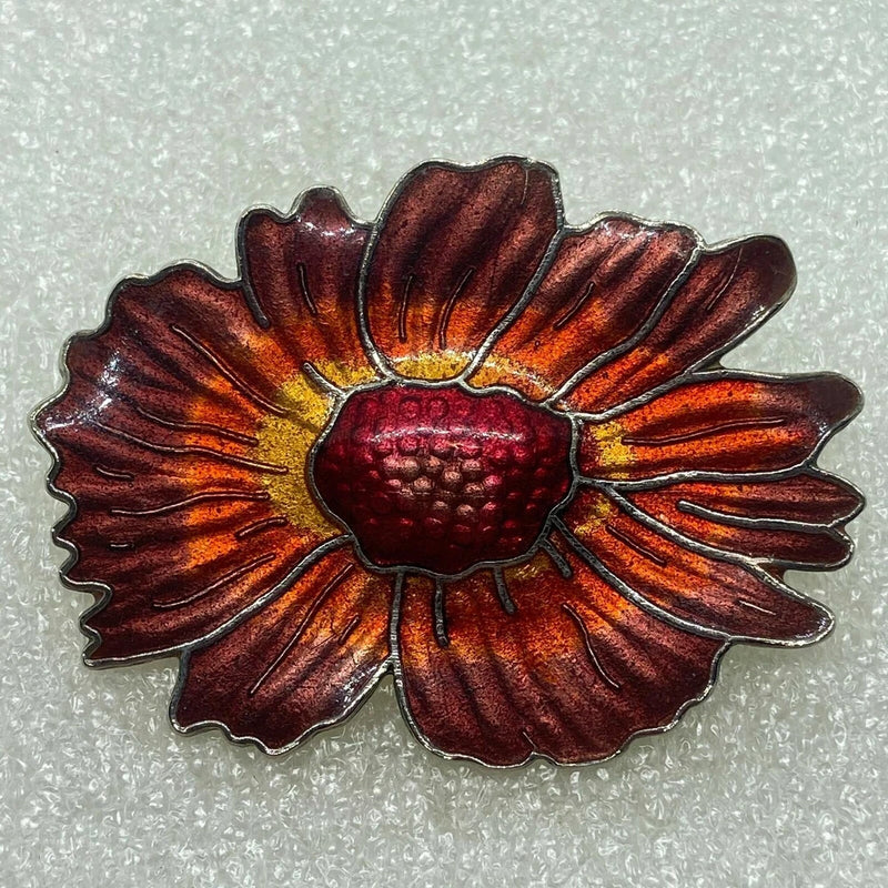 VINTAGE RED SUNFLOWER FLOWER  Two Sisters ENAMEL BROOCH Pin Cloisonne COSTUME Sunflower