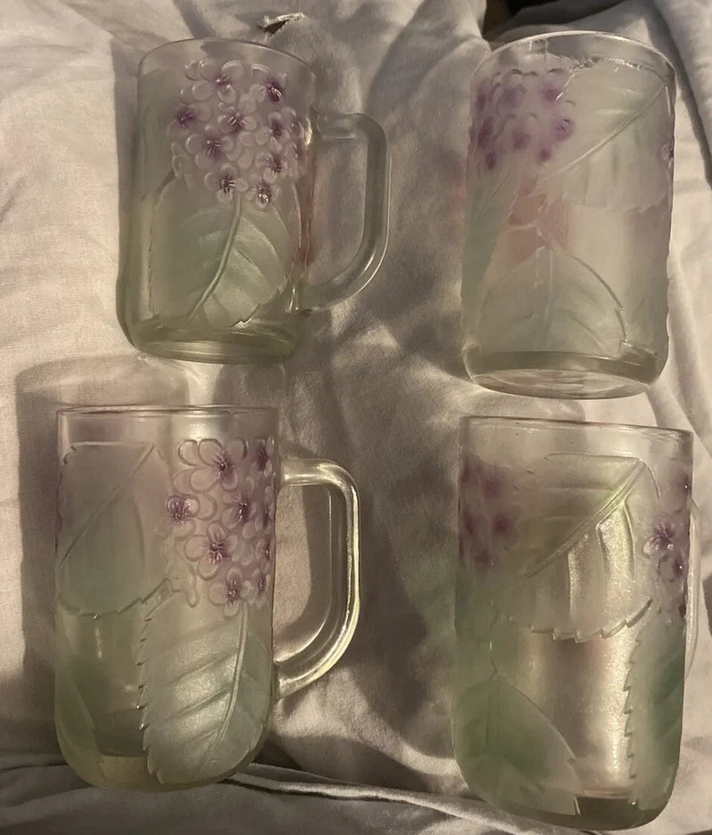 Hydrangea Cups Garden Floral Frosted 4 Glass Mugs 12 oz No Issues EUC Hydrangea