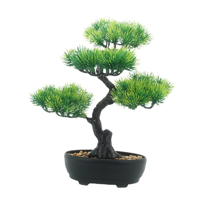 Artificial bonsai tree ornament with green foliage in dark round pot
