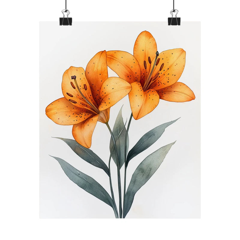 Orange tiger lily flower art print poster with two blooms and green leaves