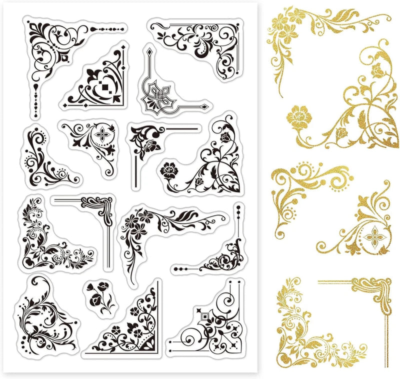 Ornate floral corner clear silicone stamp sheet with decorative scroll border accents