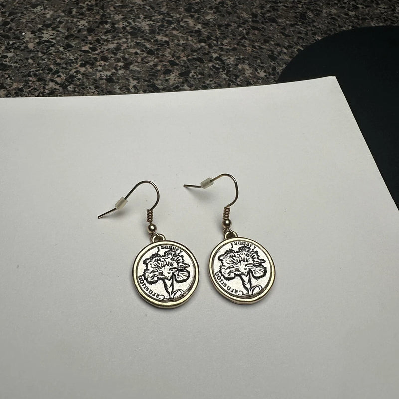 January Carnation Flower Gold Tone & Silver Tone Dangle Drop Pierced Earrings Carnation