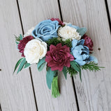 Wine Red Dusty Blue Sola Wood Bridal Bouquet Burgundy Bridesmaid Wedding Flowers Hydrangea