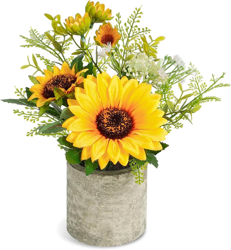 Artificial sunflower bouquet with yellow blooms and dark centers in gray concrete pot