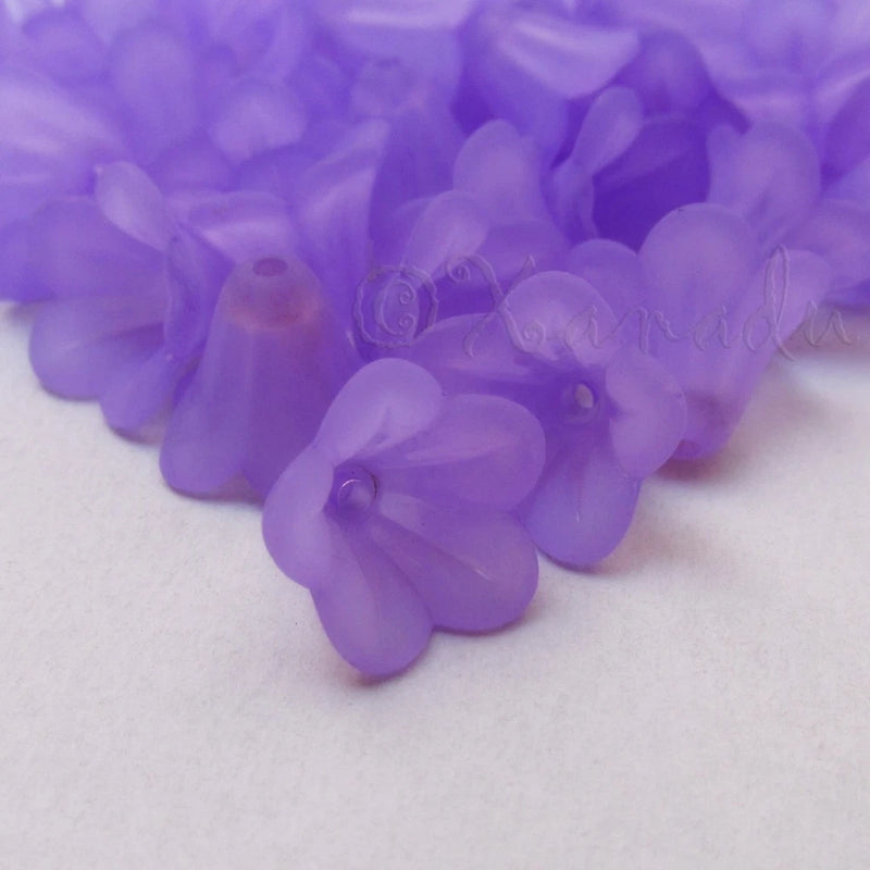 Purple frosted acrylic lily flower bead caps, 14mm
