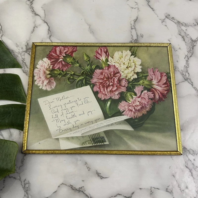 Vintage 60s Framed Floral Wall Art Dear Mother Letter Gift Brass Pink Carnation Carnation