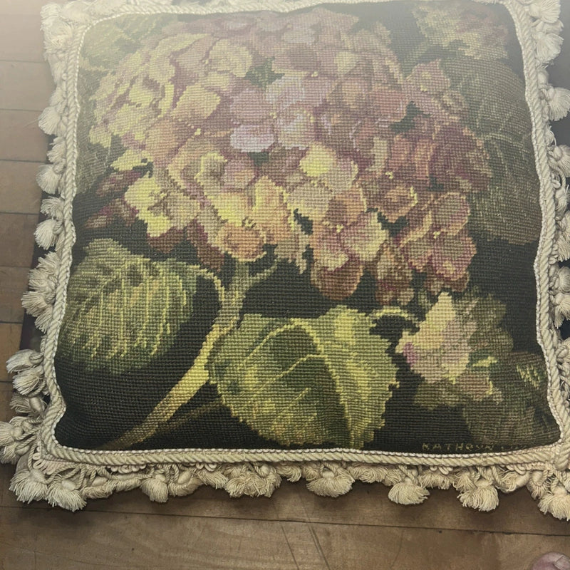 Wool Needlepoint Kathryn White Design Hydrangea Tasseled Pillow Hydrangea