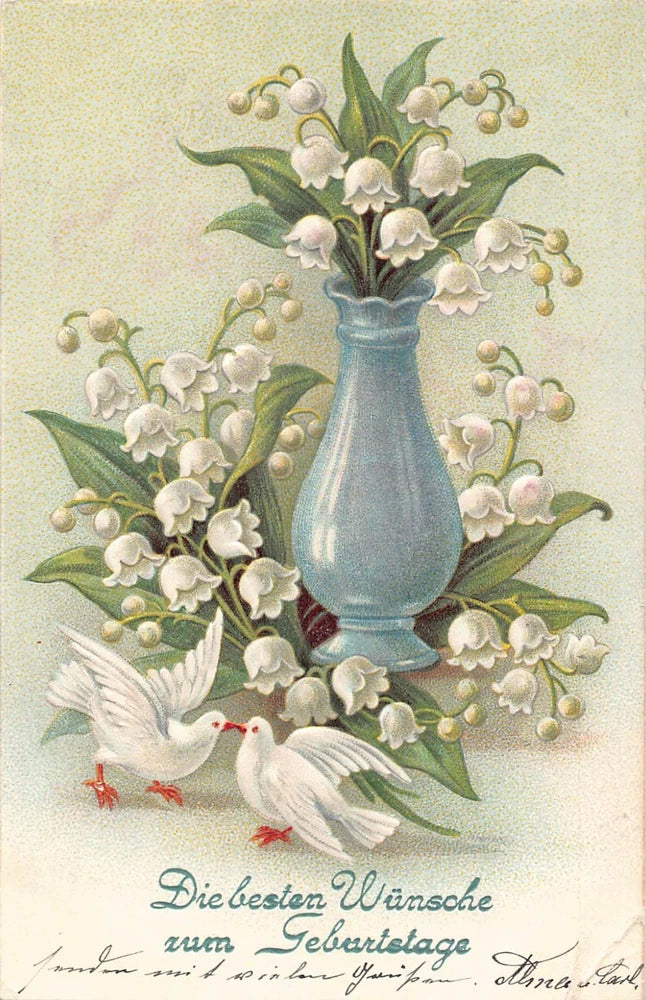 Embossed lily-and-dove birthday greetings postcard with vase bouquet and red birds