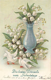 B152 Birthday Greetings 1906 Lily of the Valley in Vase Doves embossed postcard Lily