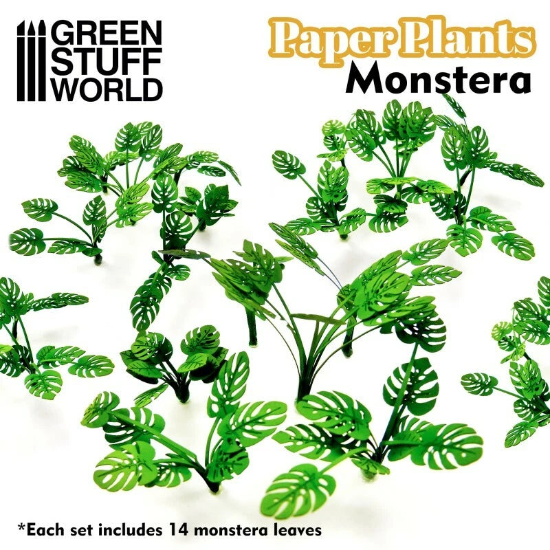 Green paper monstera plant with many layered leaf cutouts for miniature bases