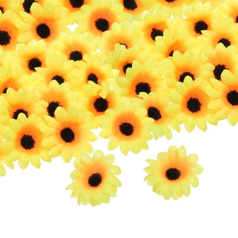100pcs Artificial Daisies Flower Heads,1.6" Silk Fake Daisies Black/Light Yellow Daisies