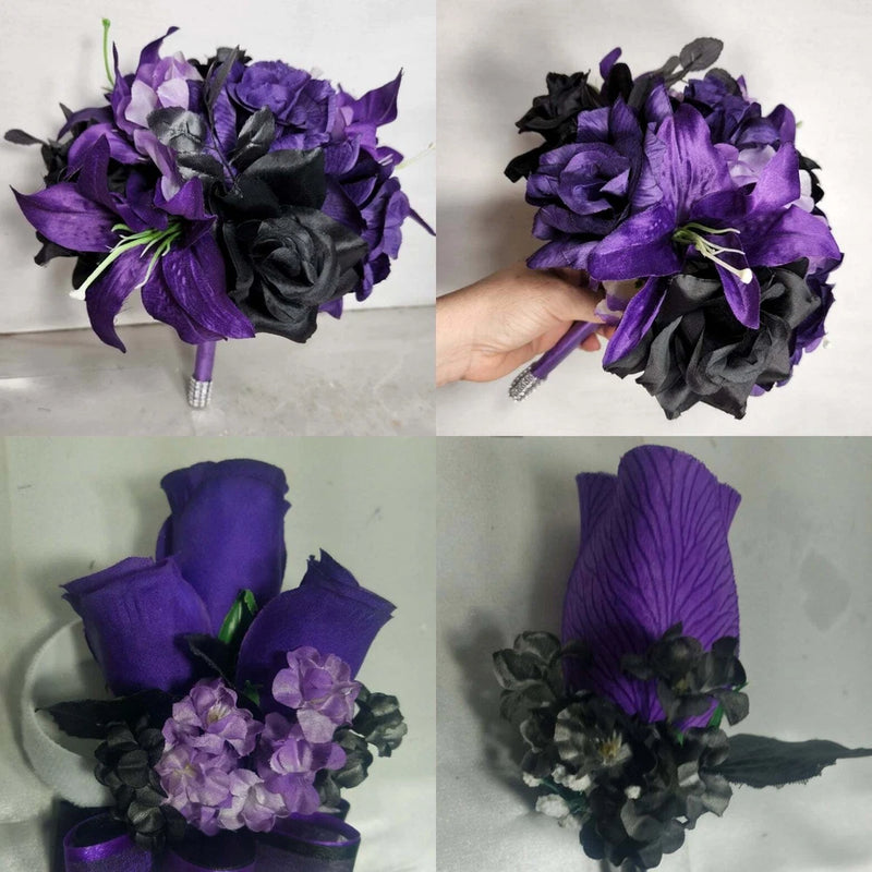 Purple Black Rose Tiger Lily Bridal Wedding Bouquet Accessories Bouquet