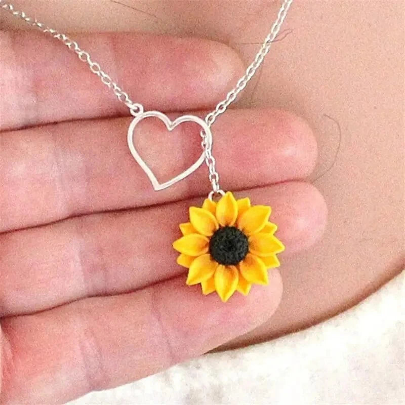 Vibrant Yellow Sunflower Heart Lariat Necklace Infinity Charm Bridal Flower Sunflower