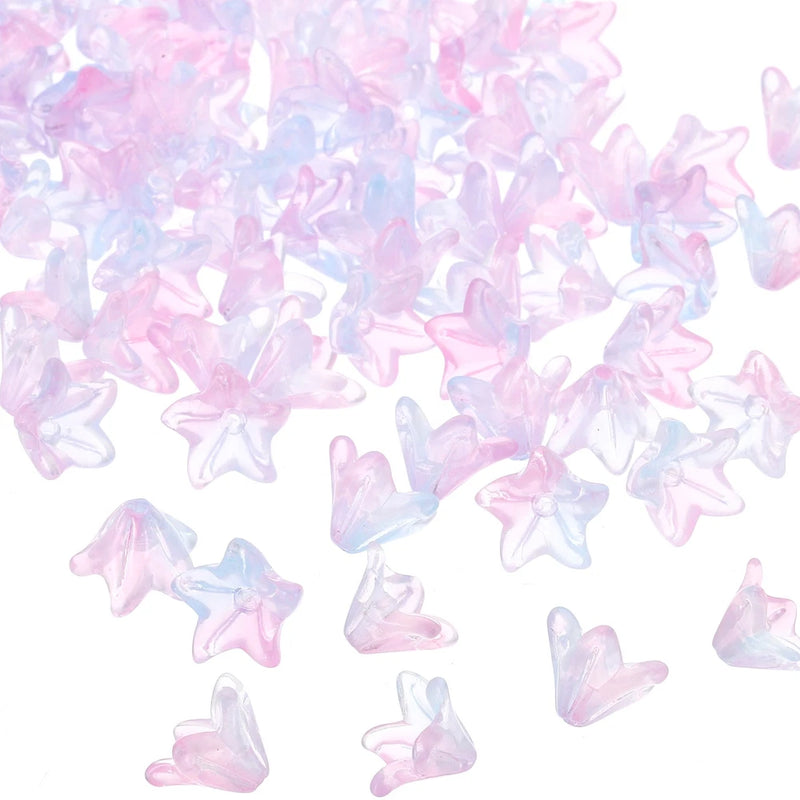 Glass Lily Flower Beads, 100 Pcs Gradient Flower Bead Charm, Pink, Blue Lily