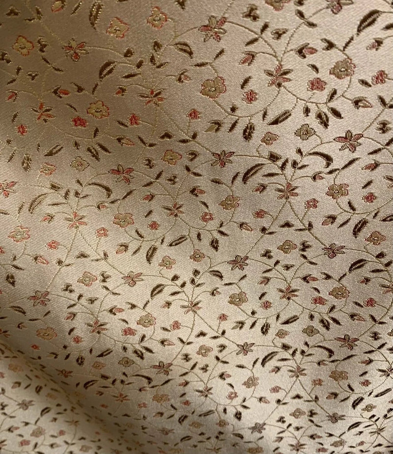 Gold Small Floral - Faux Silk Brocade Fabric Flowering Plants