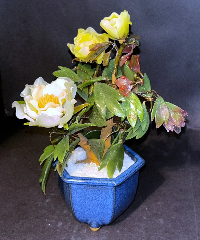 Vintage Glass Yellow Peony Bonsai Potted Flower FREE SHIPPING Peony