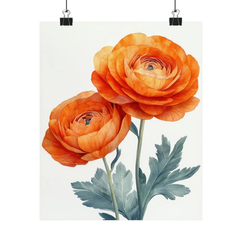 Boho Orange Ranunculus Flower Art Print Poster, Minimalist Floral Wall Art 6 Ranunculus