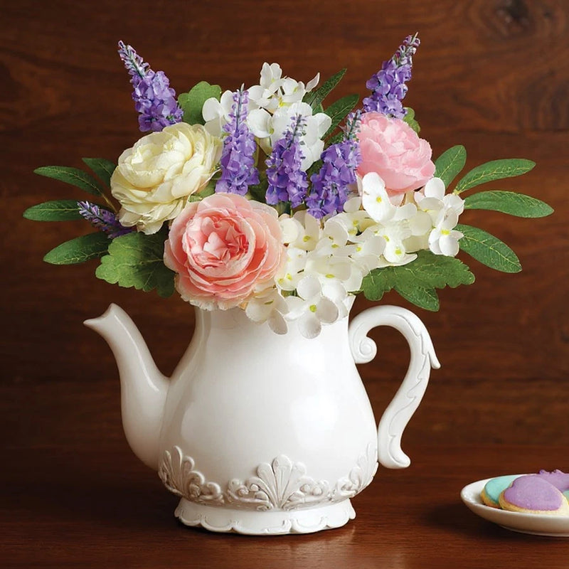 Spring Floral Flowers Bouquet White Ceramic Teapot Vase Arrangement Centerpiece Carnation
