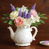 Spring Floral Flowers Bouquet White Ceramic Teapot Vase Arrangement Centerpiece Carnation