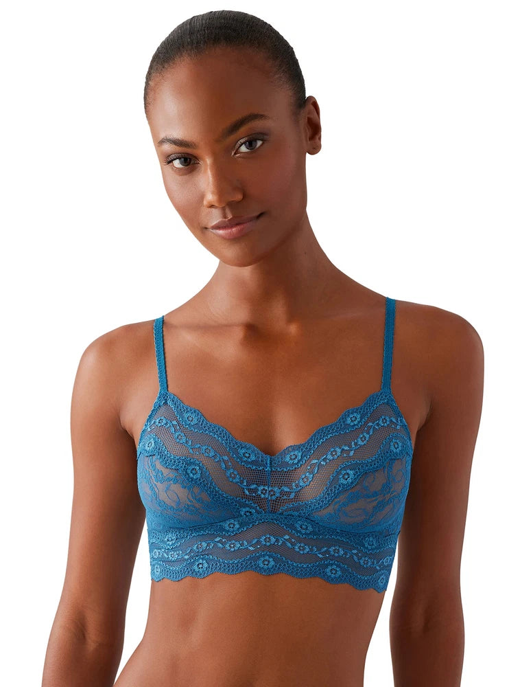 Blue lace bralette with scalloped trim and thin straps