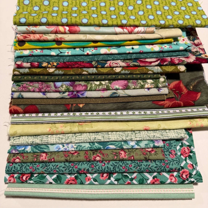 Shades of Green Cotton Fabric Remnants Ranging from 6" to 9" x width of fabric Flowering Plants