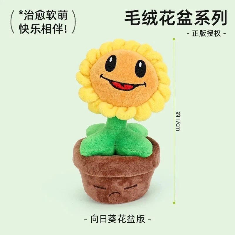 Sunflower potted plant plush with smiling yellow face, green stem, and brown fabric pot