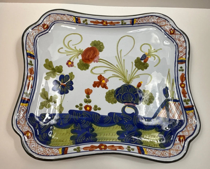 Vintage Italian Faience Blue Carnation Garofano Tray EXC Carnation