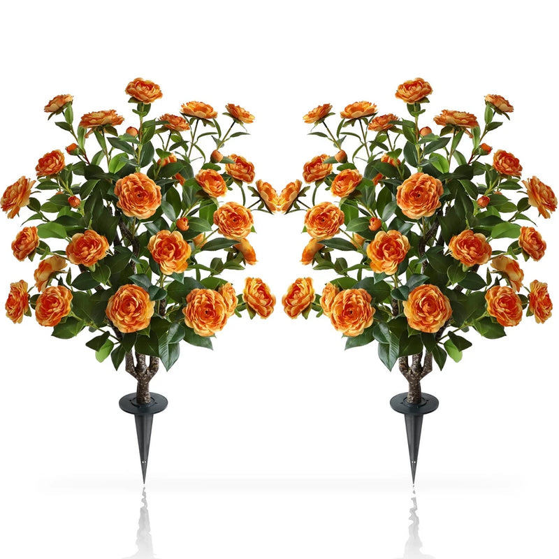 37 Inch Tall Artificial 2Pack Camellia Tree Soil Insertion w/Spike Faux Floral Flowering Plants