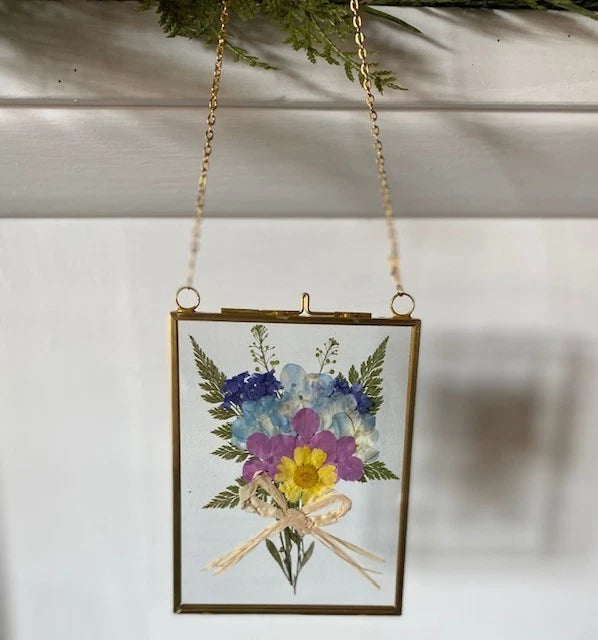 Handmade pressed real dried flowers in brass double glass floating frame Dried Flower