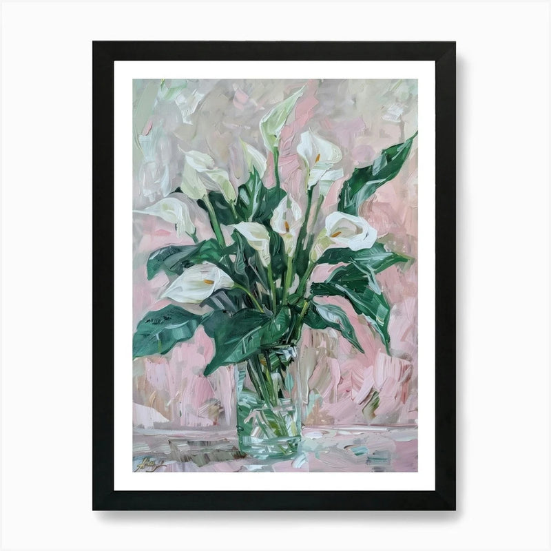 Framed wall art canvas print of white calla lily bouquet with green leaves
