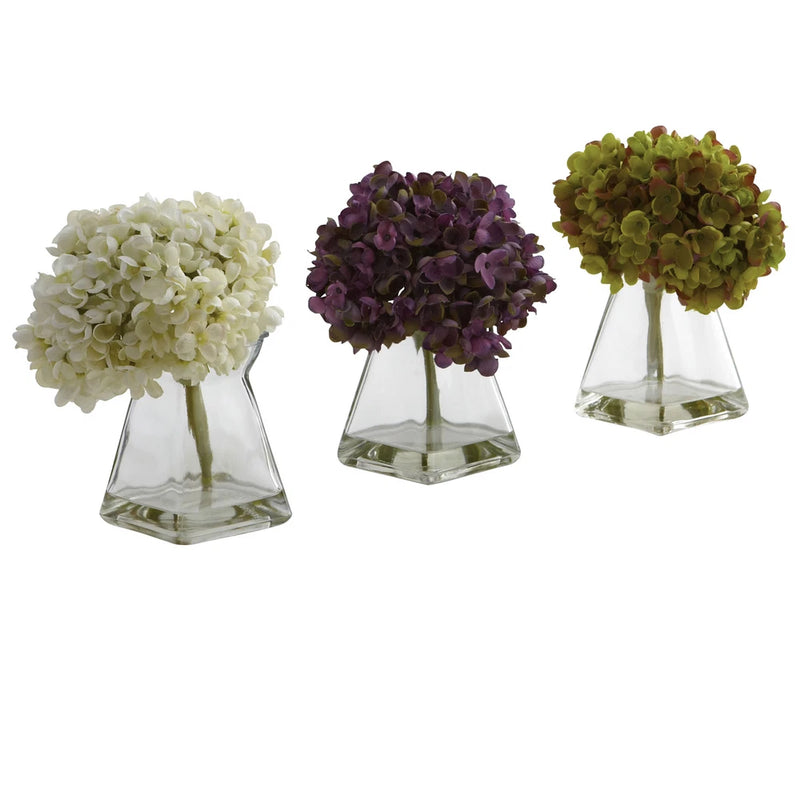 3pcs Hydrangea Flower W/Vase Faux Water Floral Home Decor 8"Tall Hydrangea