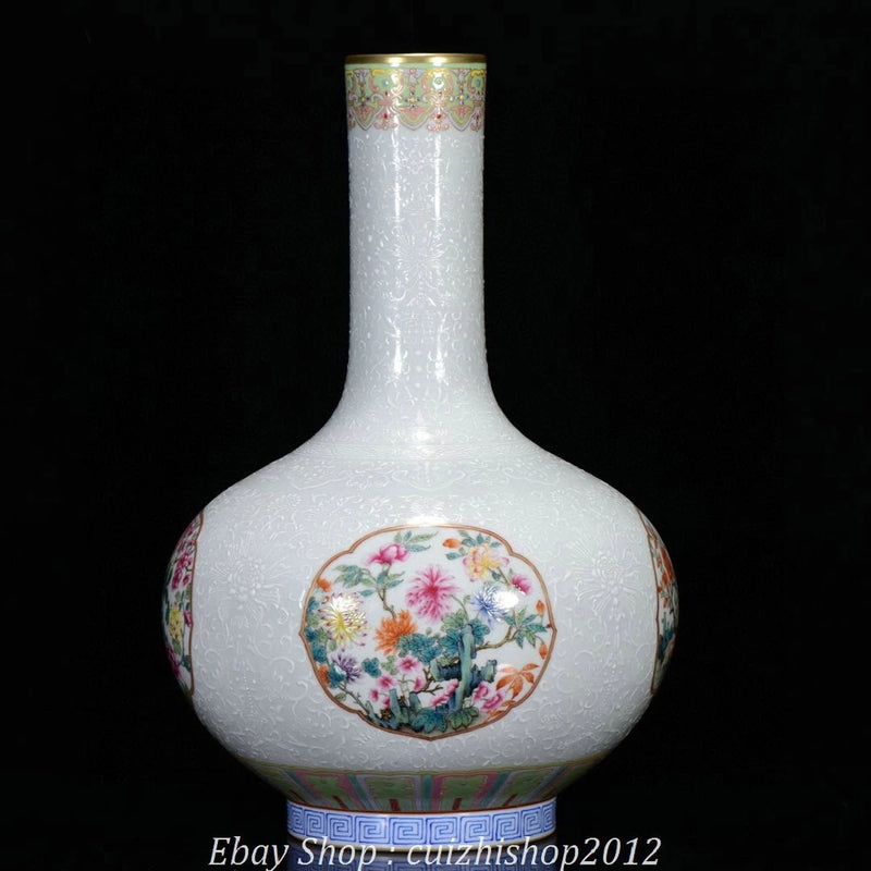 White porcelain bottle vase with famille rose floral medallion and gold rim