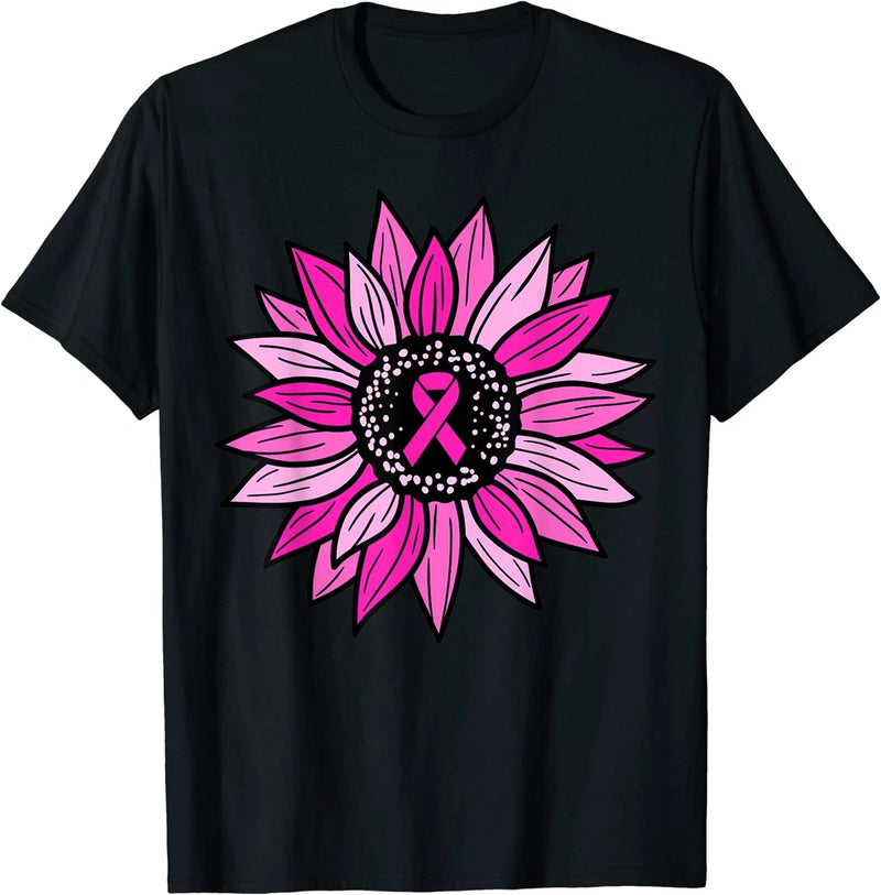 Black breast cancer awareness T-shirt with pink ribbon sunflower graphic