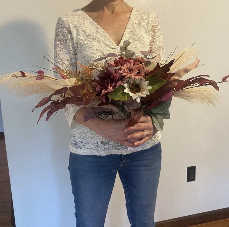 Bridal Wedding Bouquet Hand made Budget Friendly Faux Flowers Gal Orange Red Bouquet