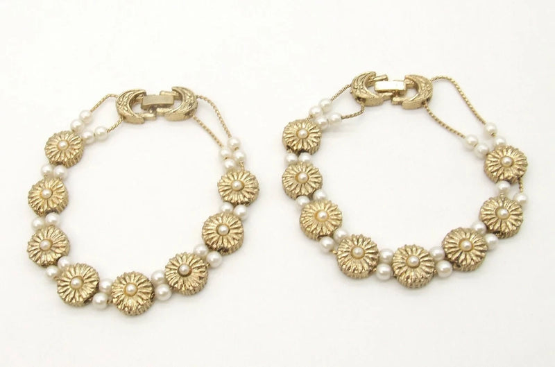 NWOT Two 7" Gold-P Daisy Flower & Faux Pearl Slider Bracelets 11mm Wide Daisies