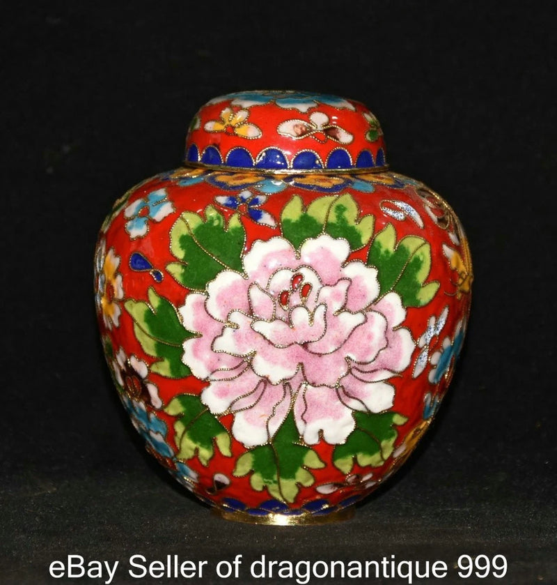 4.4" Old Chinese Copper Cloisonne Red Peony Flower Pattern Pot Jar Crock Peony