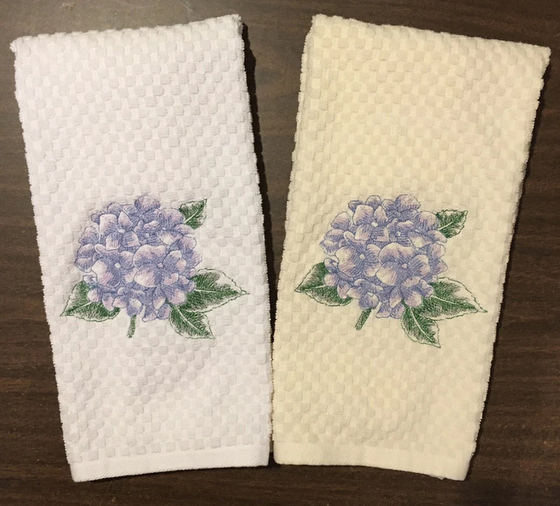 Set of 2 Embroidered Periwinkle Purple Hydrangea Flower Kitchen Dish Hand Towels Hydrangea