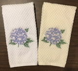 Set of 2 Embroidered Periwinkle Purple Hydrangea Flower Kitchen Dish Hand Towels Hydrangea