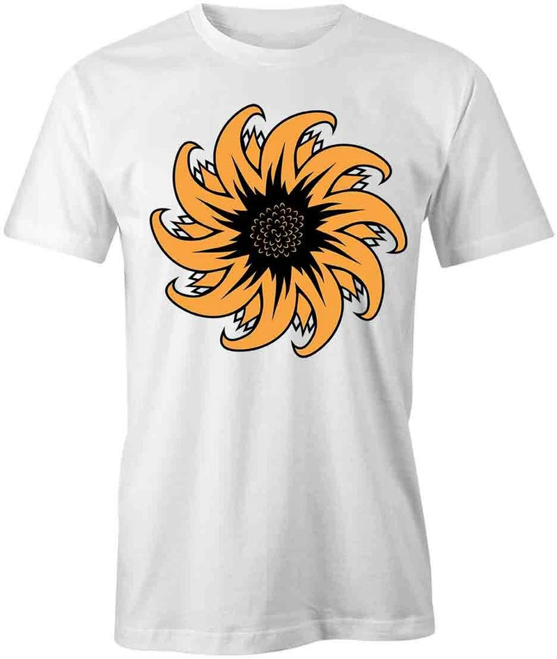 White cotton T-shirt with large sunflower graphic on the front, short sleeves, crew neck